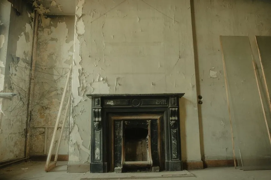 Old fireplace and chimney breast in a stripped room before a chimney stack removal