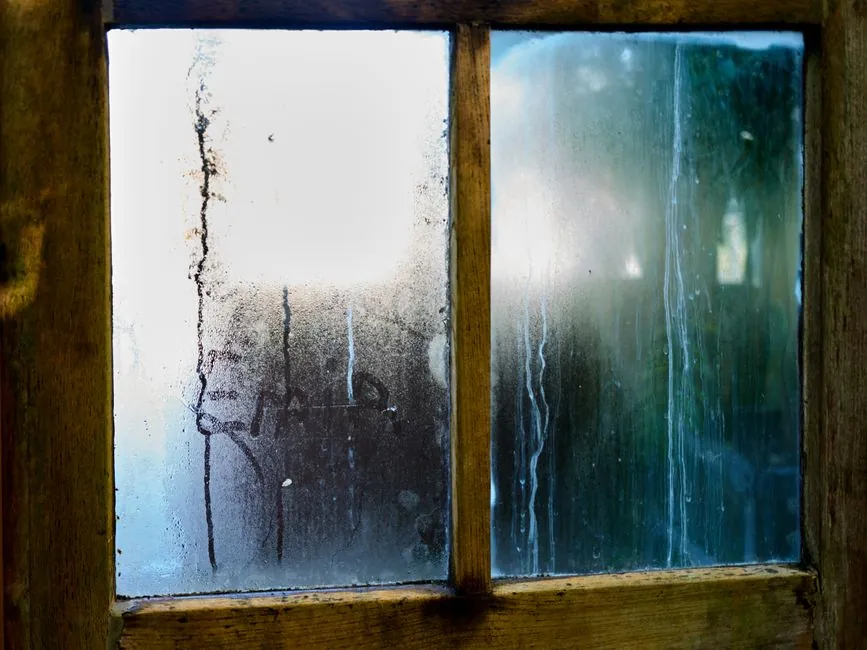 Condensation forming in droplets across a cold window pane in a home during winter