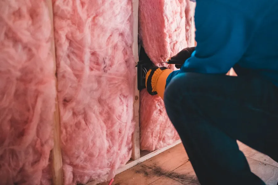 Installer in gloves fitting mineral wool insulation between joists during an energy efficiency upgrade