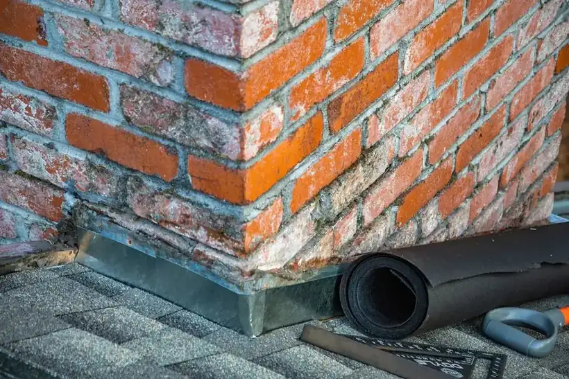 Roofing materials laid out beside a brick chimney ready for replacement flashing work on a Mansfield roof