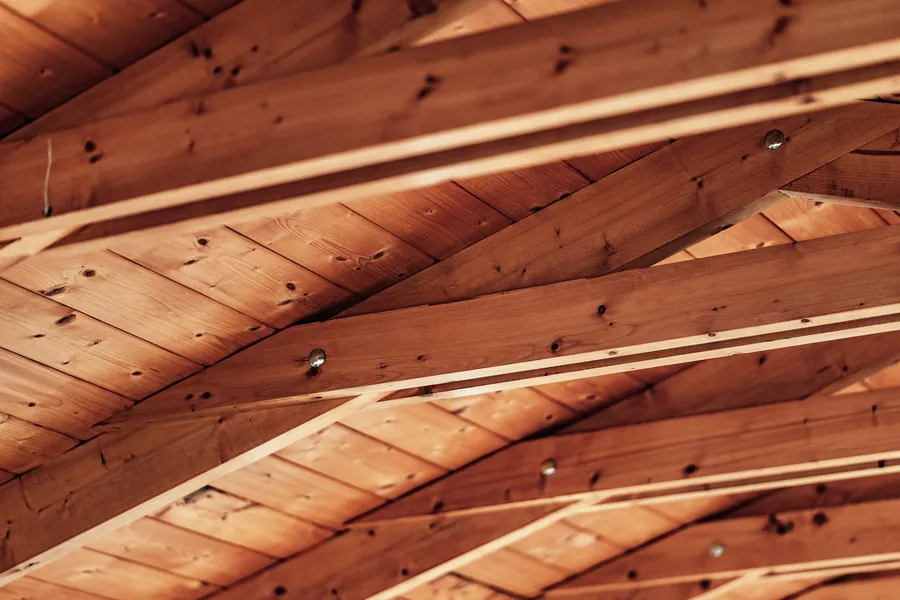 Close view of timber roof rafters and battens before a new roof covering goes on