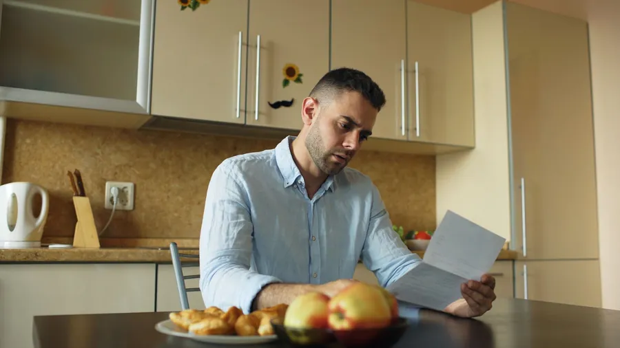 Man at a kitchen table reading a printed insurance document before agreeing to roofing work