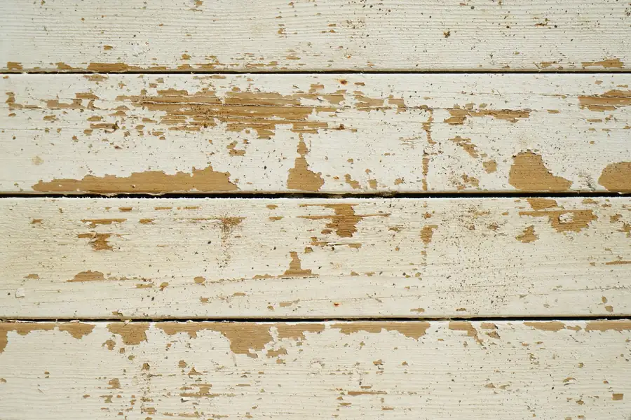 Close-up of weathered timber boards with white paint flaking off, the kind of surface that hides rot on old Mansfield fascias
