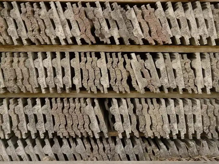 Rows of old weathered roof tiles stacked on edge on wooden racks