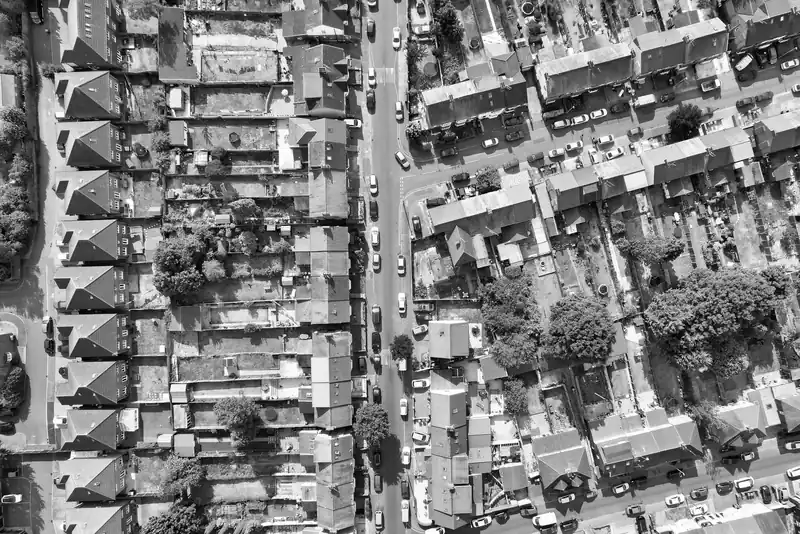 Rows of terraced houses and semis seen from above, the street pattern typical of Sutton-in-Ashfield and Kirkby-in-Ashfield