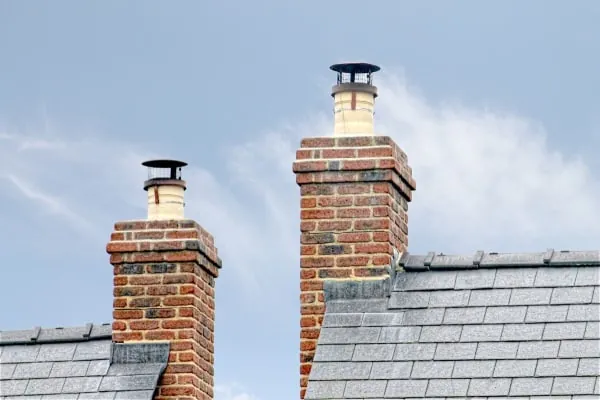 Brick chimney stack with clay pots on a house roof in Mansfield