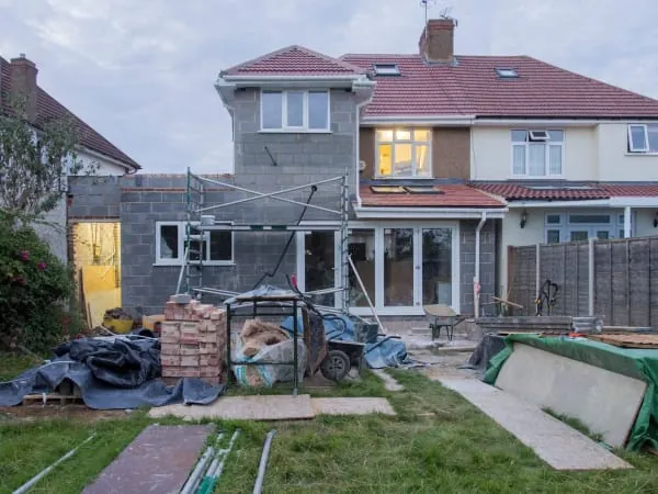 Rear extension work in progress behind a semi-detached Mansfield house