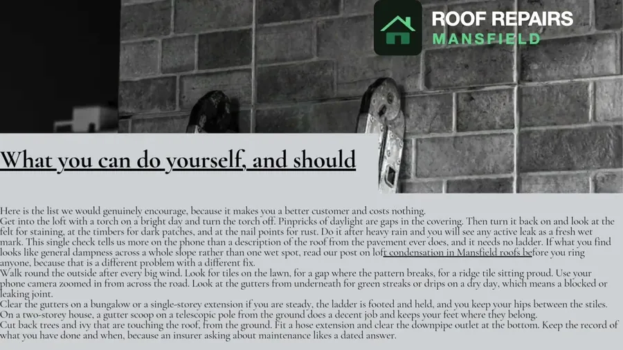 Working safely on a Mansfield roof ridge, the sort of job that is not a ladder-and-a-Sunday-afternoon repair